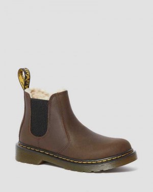 Dr Martens Junior 2976 Faux Fur Lined Chelsea Boots Dark Brown | 67JMNHWFZ